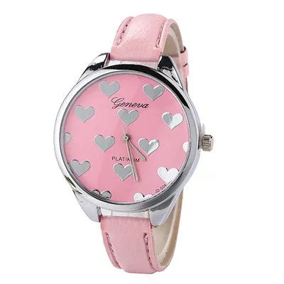 Geneva Watch Women Elegant Clock PU Leather Band Heartshaped Alloy Dial Black Quartz Wrist Watch