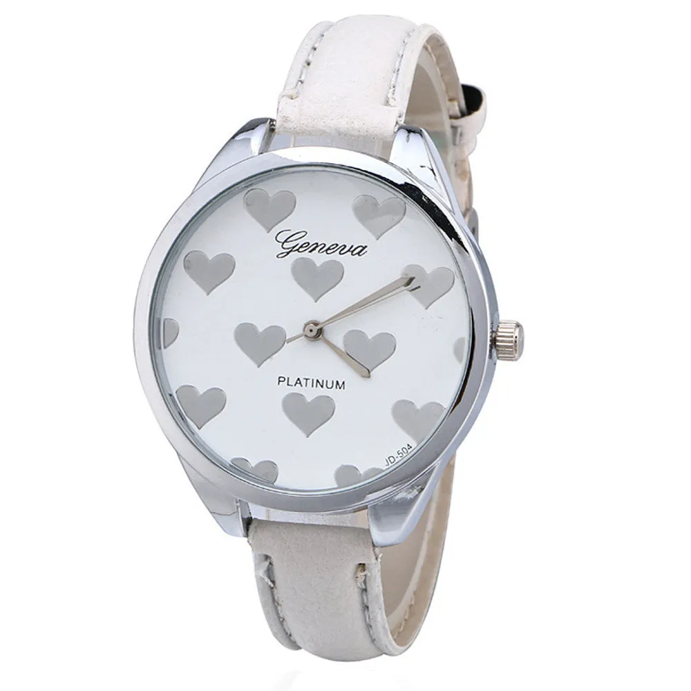 Geneva Watch Women Elegant Clock PU Leather Band Heartshaped Alloy Dial Black Quartz Wrist Watch