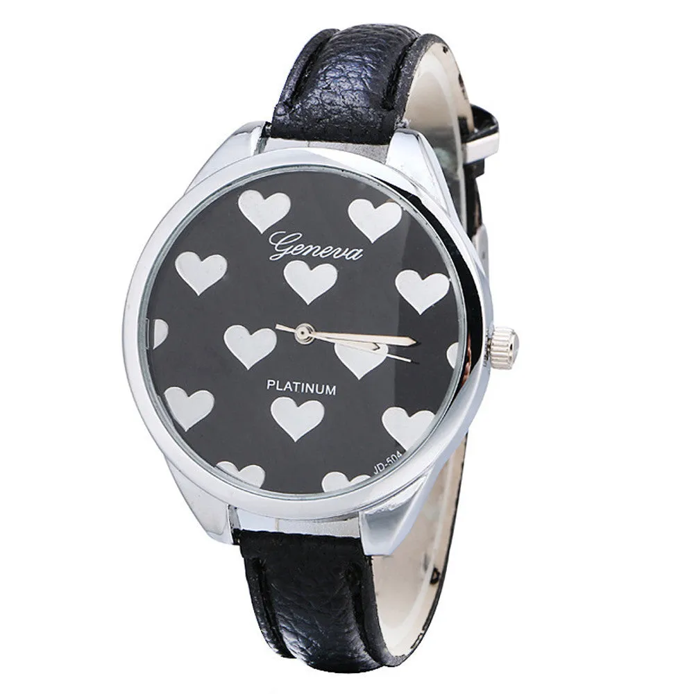 Geneva Watch Women Elegant Clock PU Leather Band Heartshaped Alloy Dial Black Quartz Wrist Watch