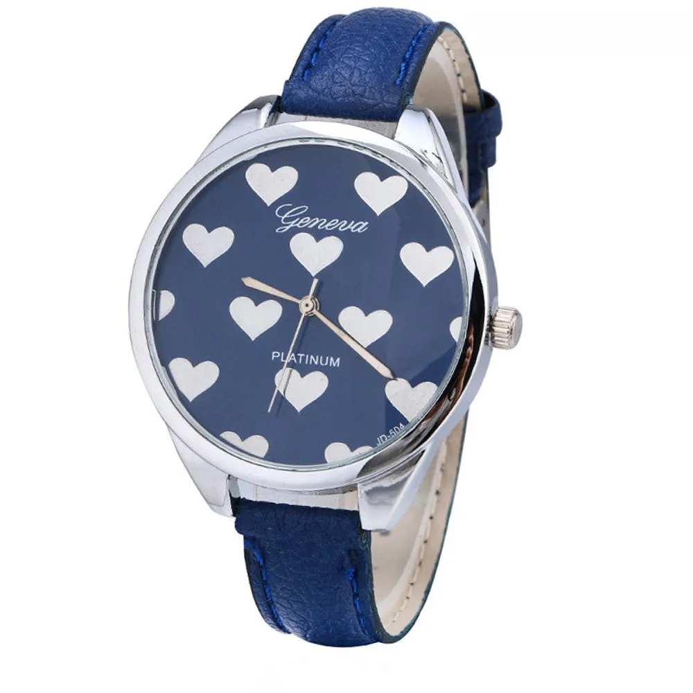 Geneva Watch Women Elegant Clock PU Leather Band Heartshaped Alloy Dial Black Quartz Wrist Watch