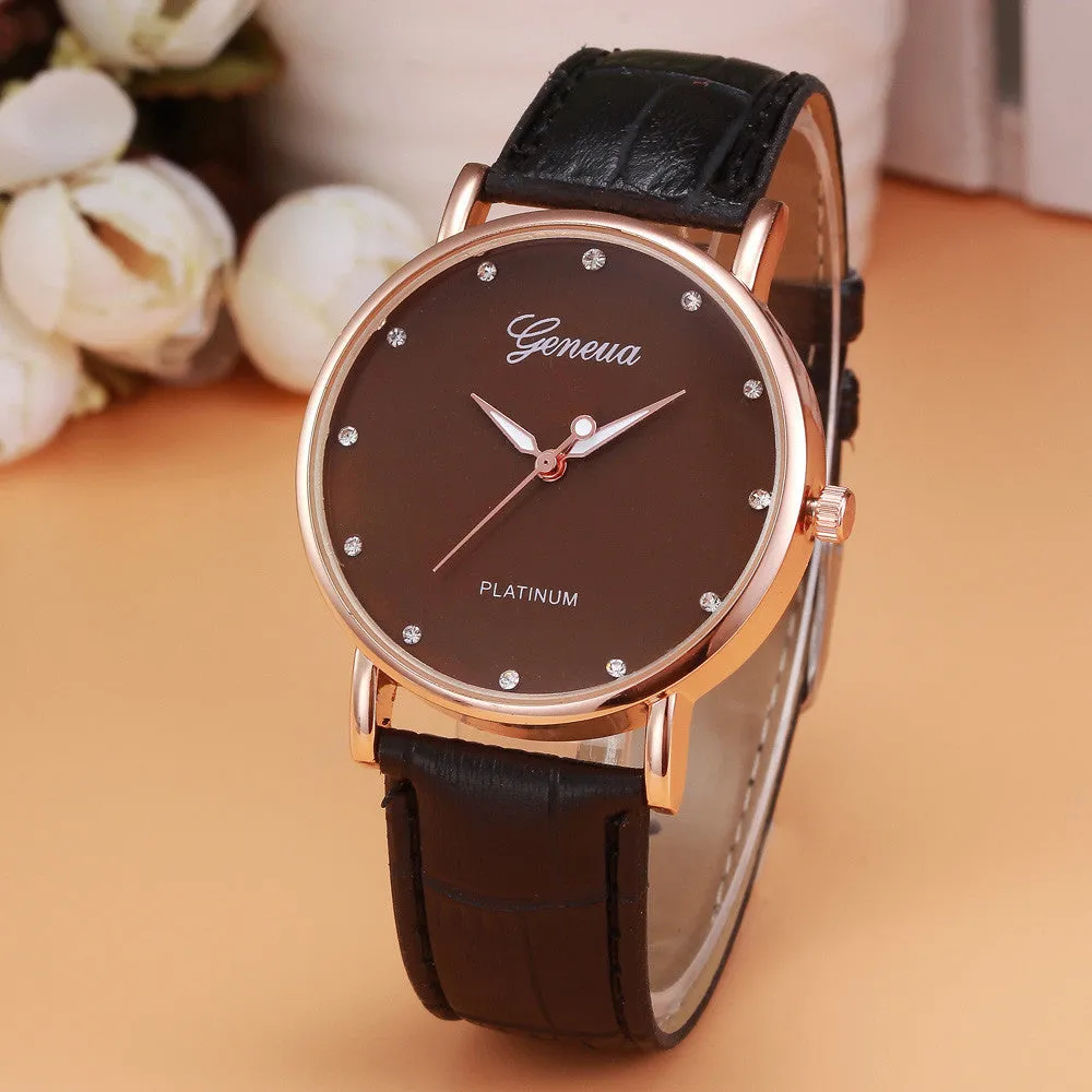 Geneva Women Dress Watch Retro Design Elegant Rhinestone Crystal Clock PU Leather Band Analog Relogio Feminino