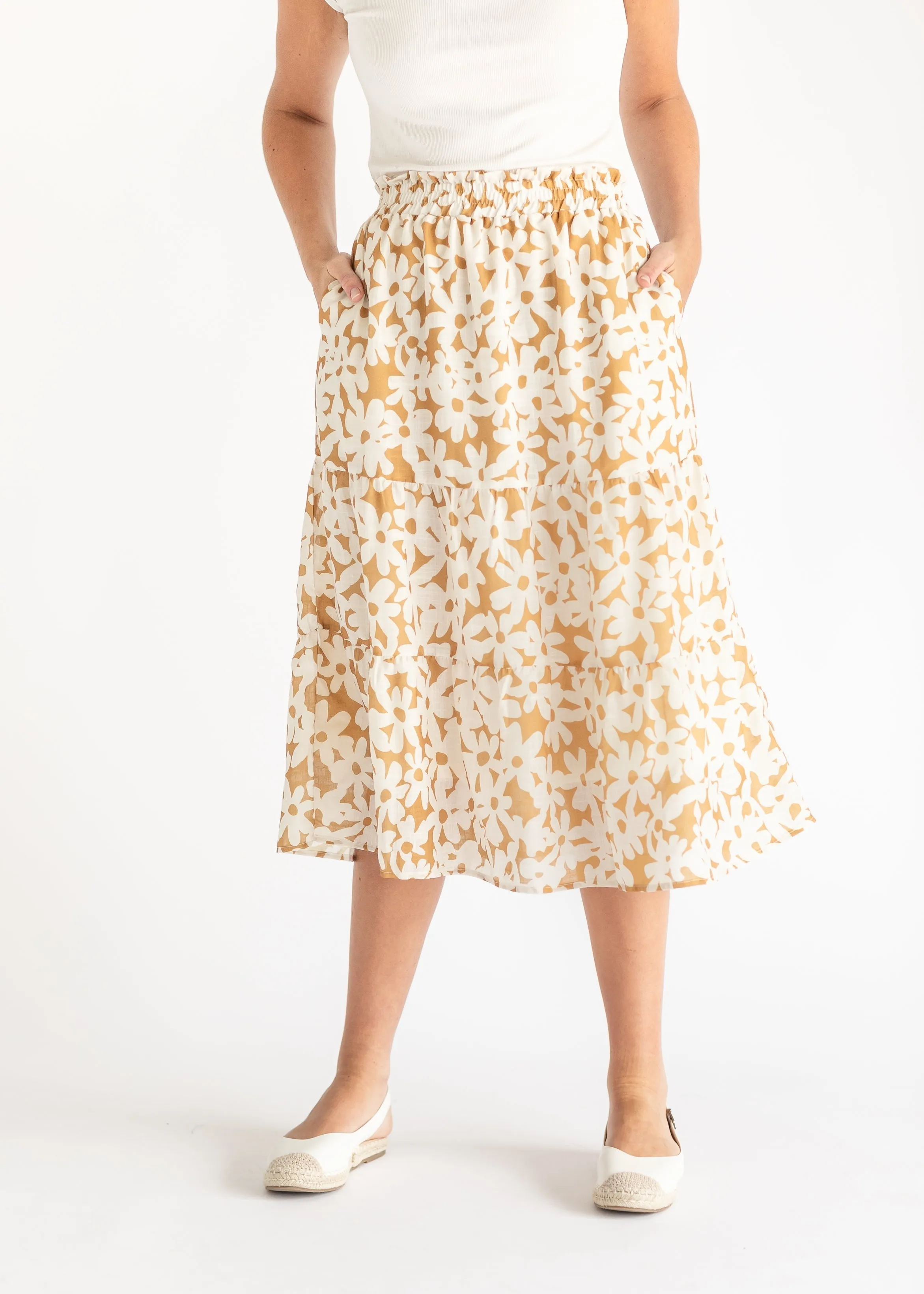 Golden Floral Tiered Midi Skirt - FINAL SALE