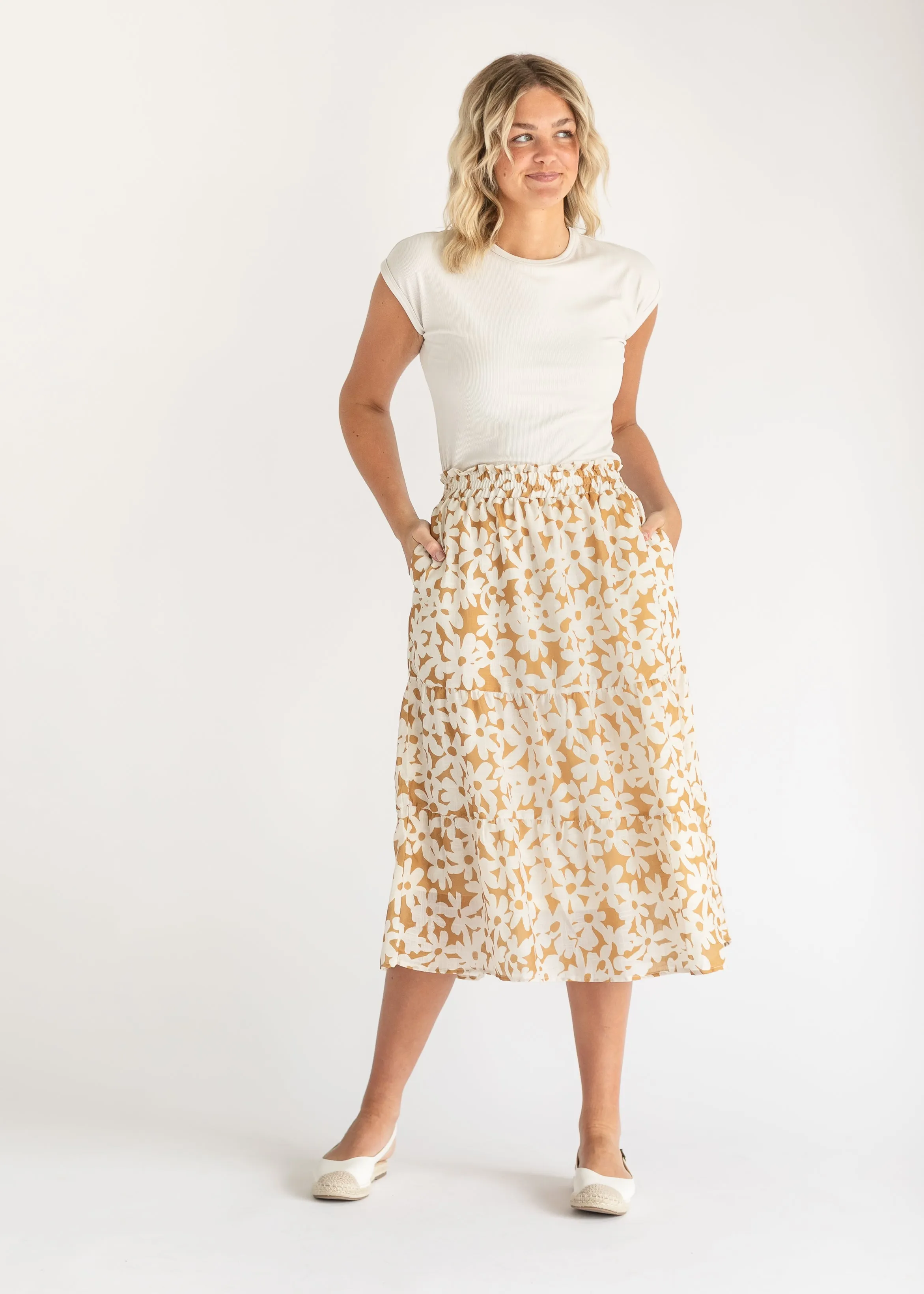 Golden Floral Tiered Midi Skirt - FINAL SALE