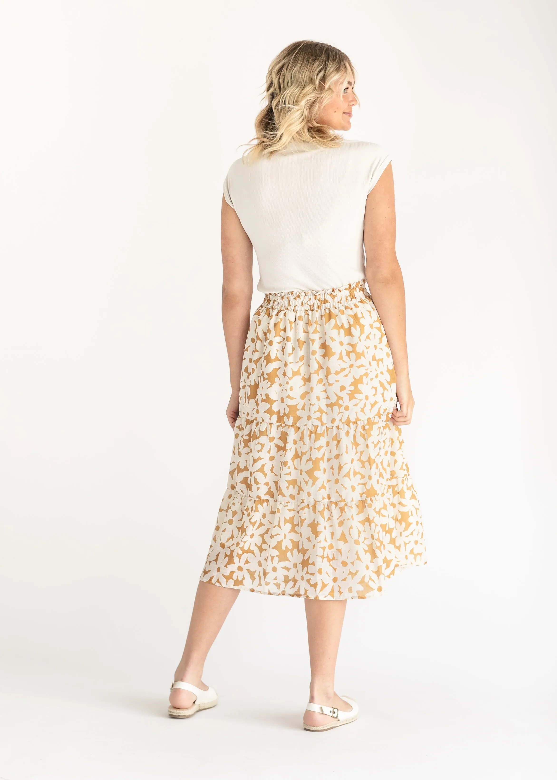 Golden Floral Tiered Midi Skirt - FINAL SALE