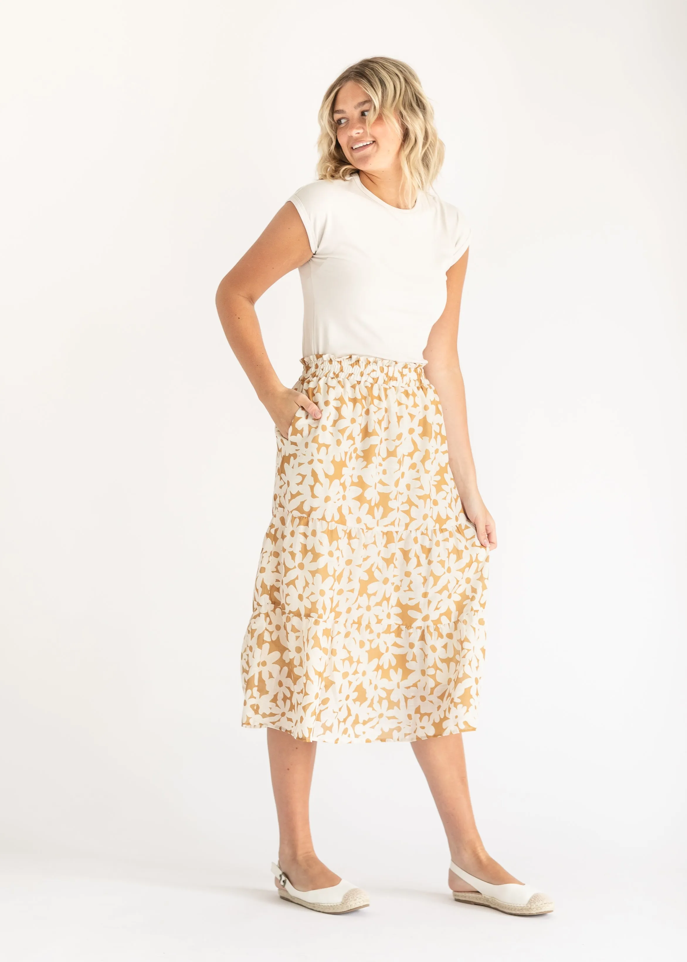 Golden Floral Tiered Midi Skirt - FINAL SALE