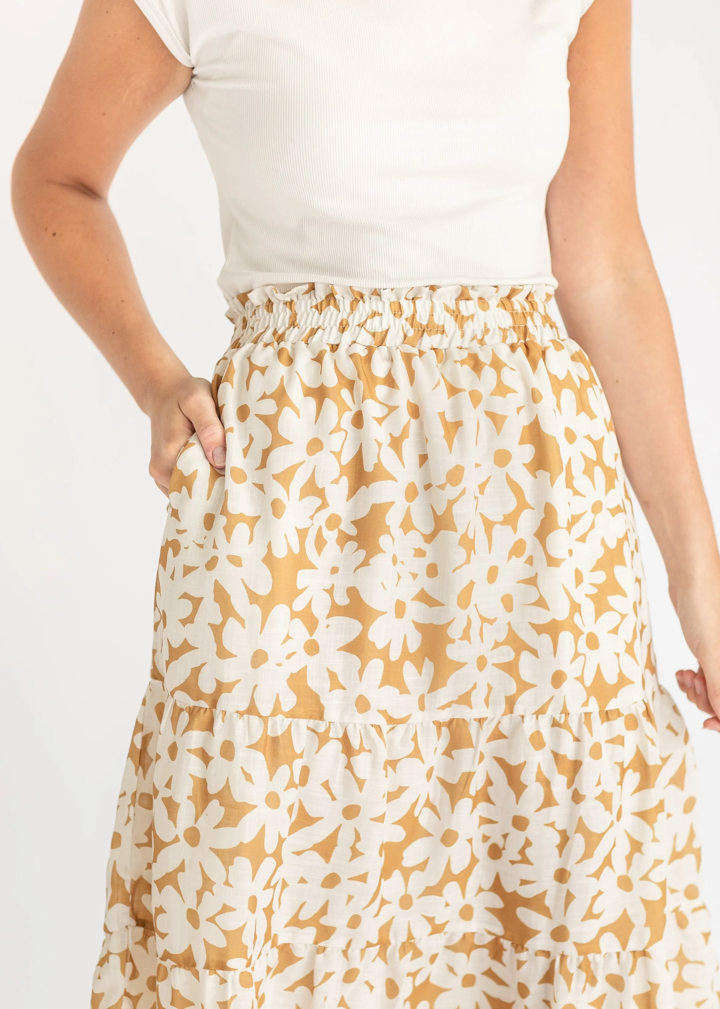 Golden Floral Tiered Midi Skirt - FINAL SALE