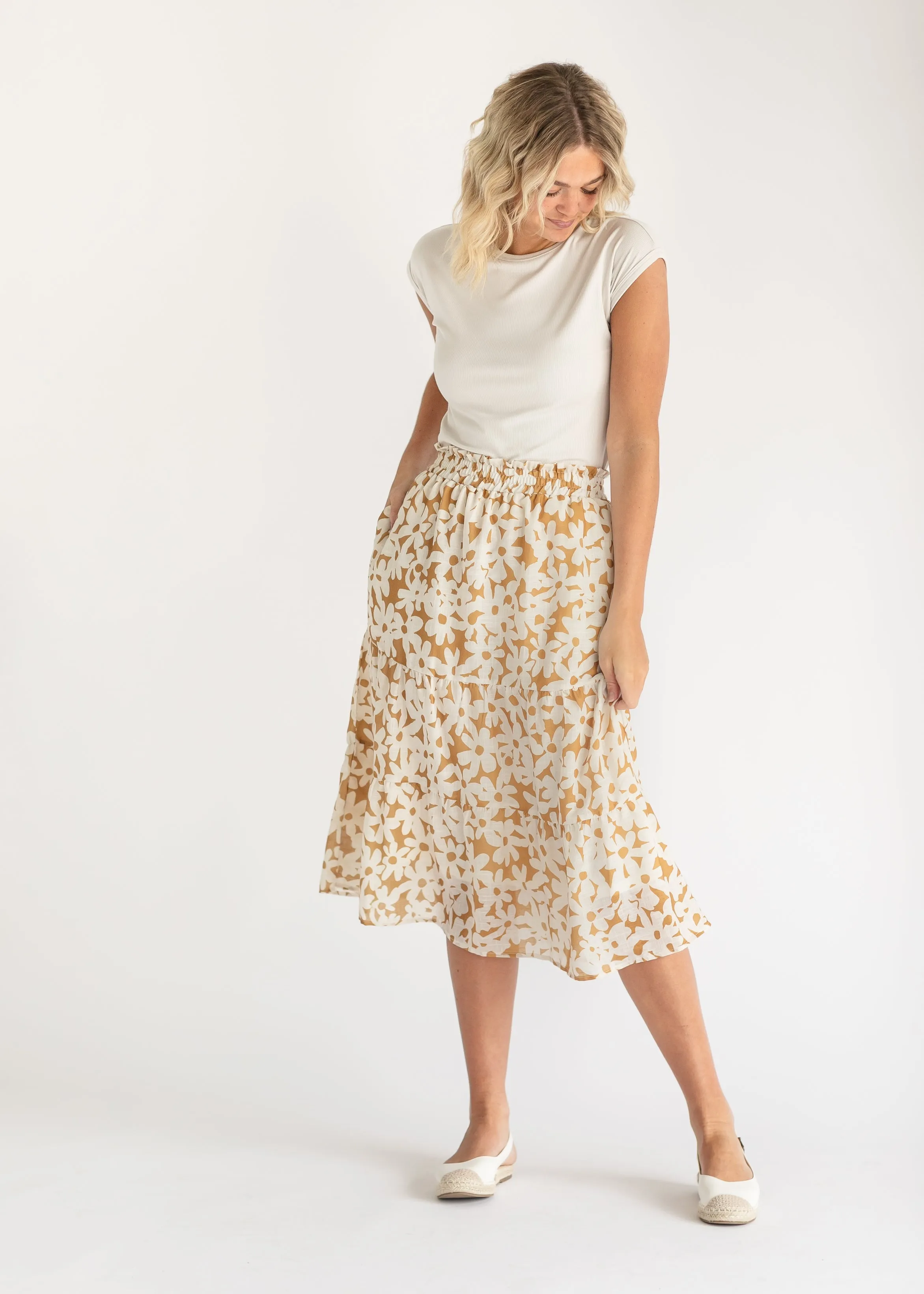 Golden Floral Tiered Midi Skirt - FINAL SALE