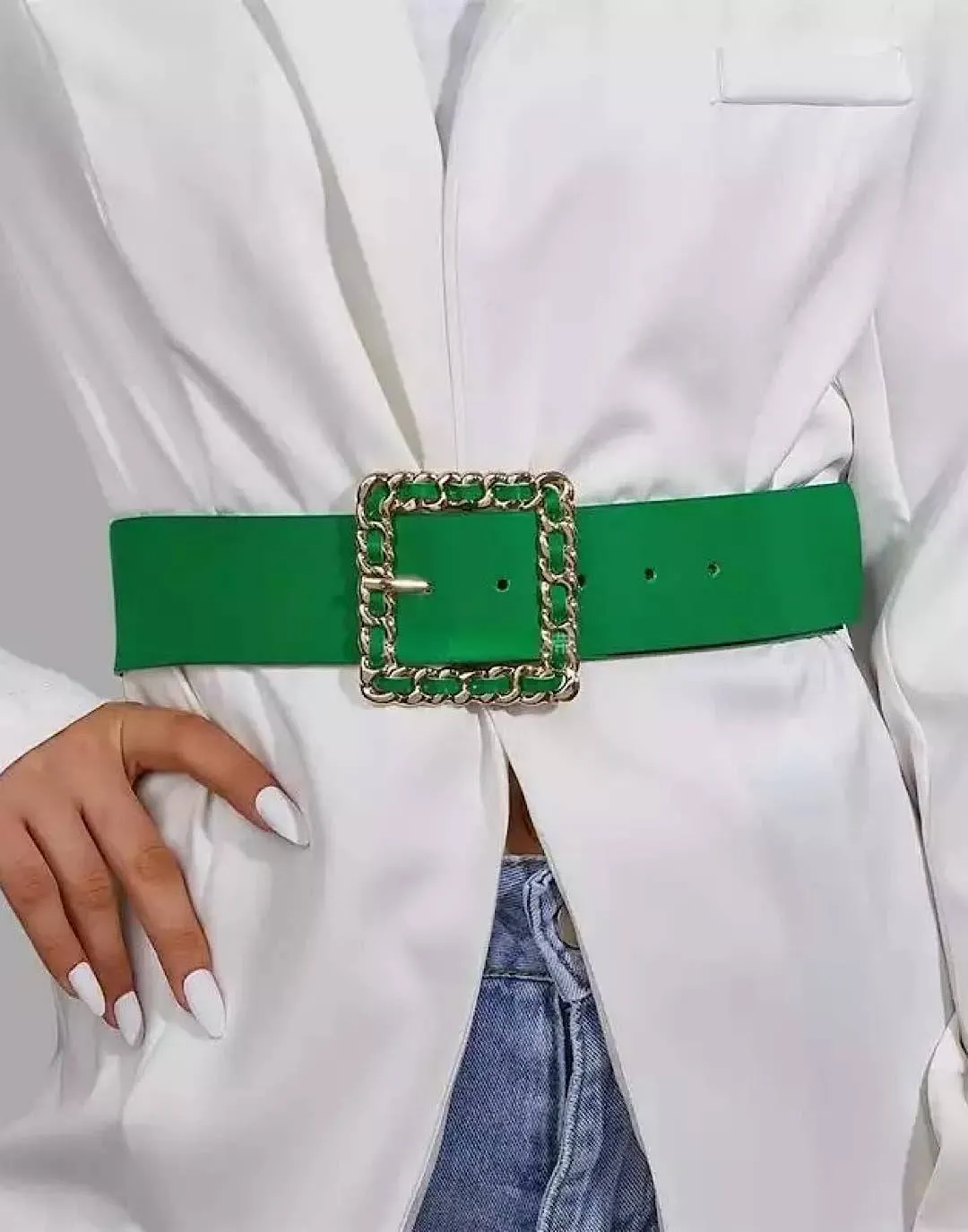 Green Chain Buckle PU Leather Belt