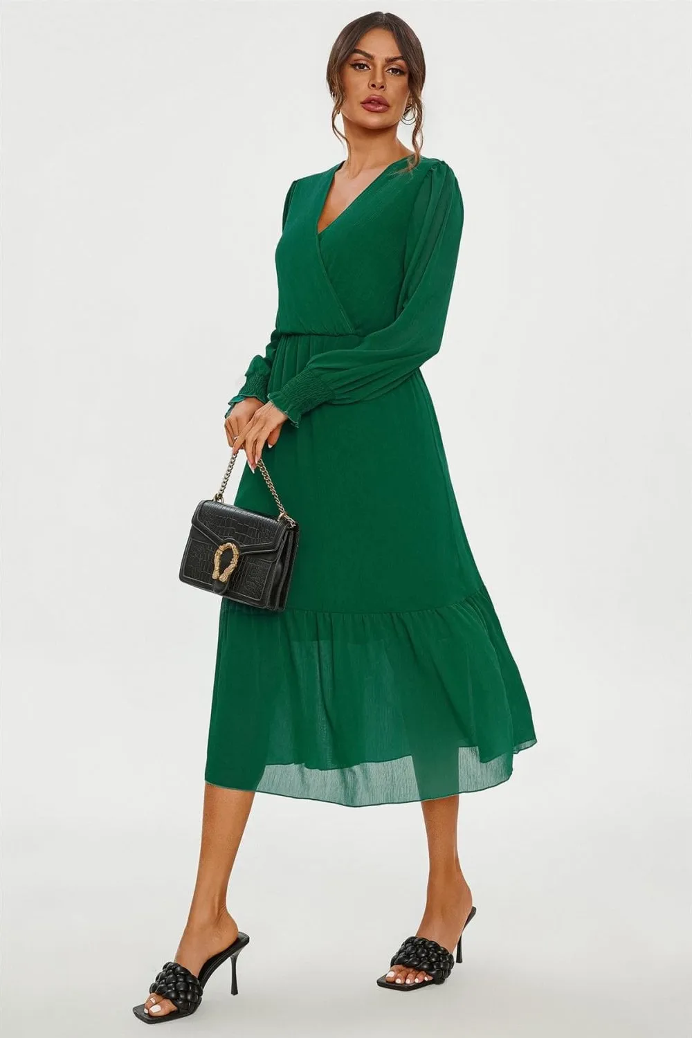 Hem Tiered Wrap Style Midi Dress In Green