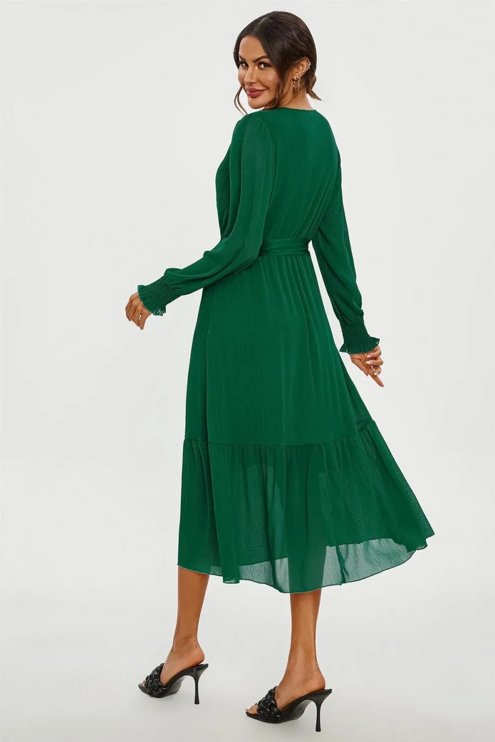 Hem Tiered Wrap Style Midi Dress In Green