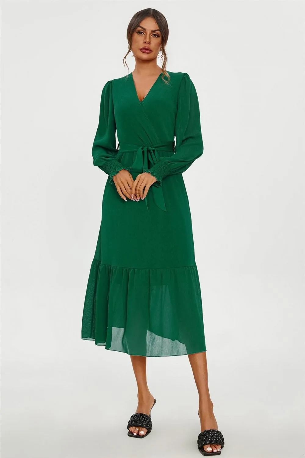 Hem Tiered Wrap Style Midi Dress In Green