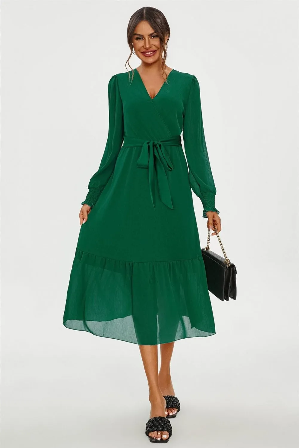 Hem Tiered Wrap Style Midi Dress In Green