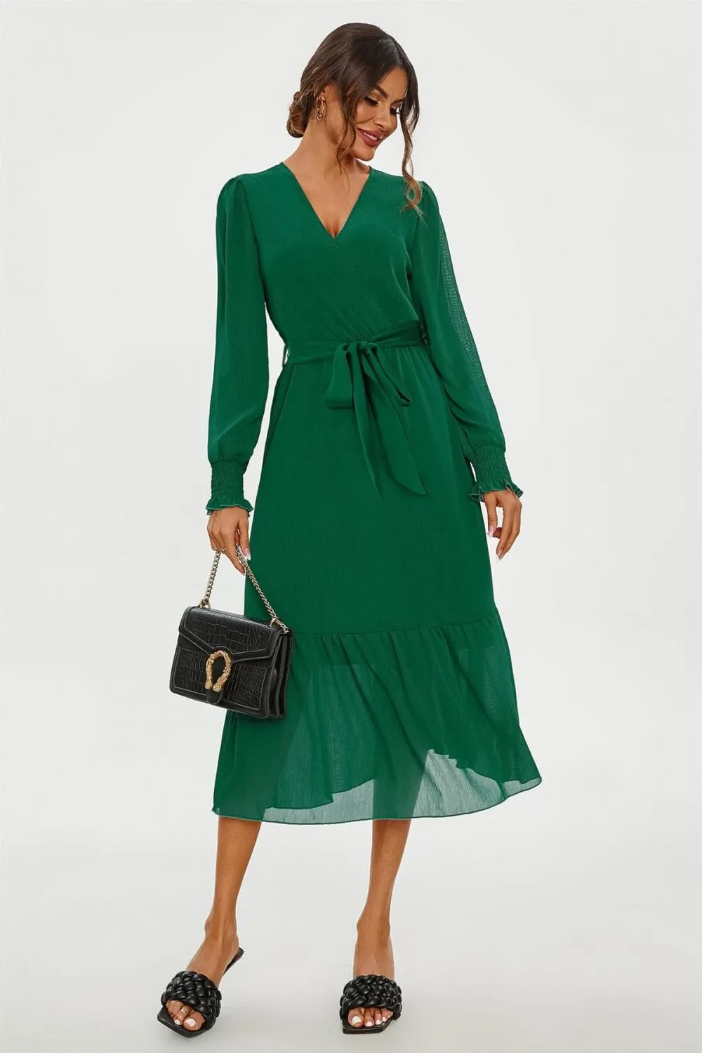 Hem Tiered Wrap Style Midi Dress In Green