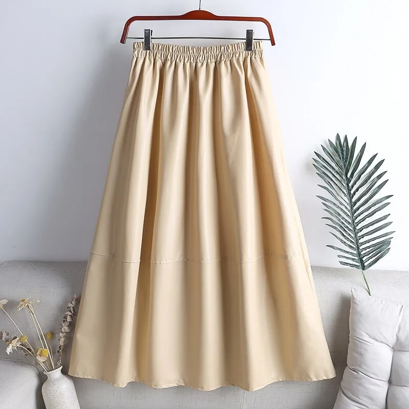 High Waist A Line Autumn Winter Faux Leather Elastic Waist Solid Vintage PU Leather Midi Skirt