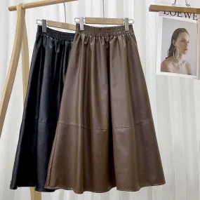 High Waist A Line Autumn Winter Faux Leather Elastic Waist Solid Vintage PU Leather Midi Skirt