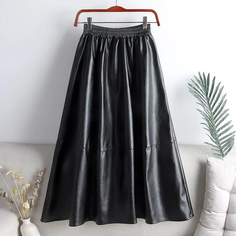 High Waist A Line Autumn Winter Faux Leather Elastic Waist Solid Vintage PU Leather Midi Skirt