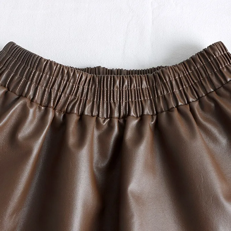 High Waist A Line Autumn Winter Faux Leather Elastic Waist Solid Vintage PU Leather Midi Skirt