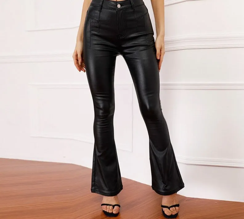 High Waist Black Elegant PU Leather Skinny Flare Pants Autumn Winter Bottoms Women Vintage Style Slim Trousers