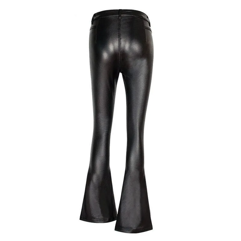 High Waist Black Elegant PU Leather Skinny Flare Pants Autumn Winter Bottoms Women Vintage Style Slim Trousers