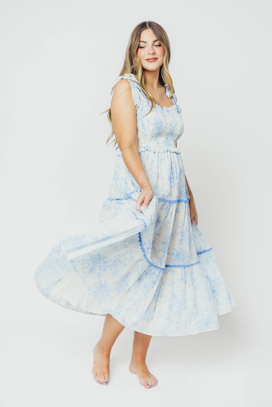 Honor Tiered Midi Dress in Off-White/Baby Blue Floral - Bump Friendly