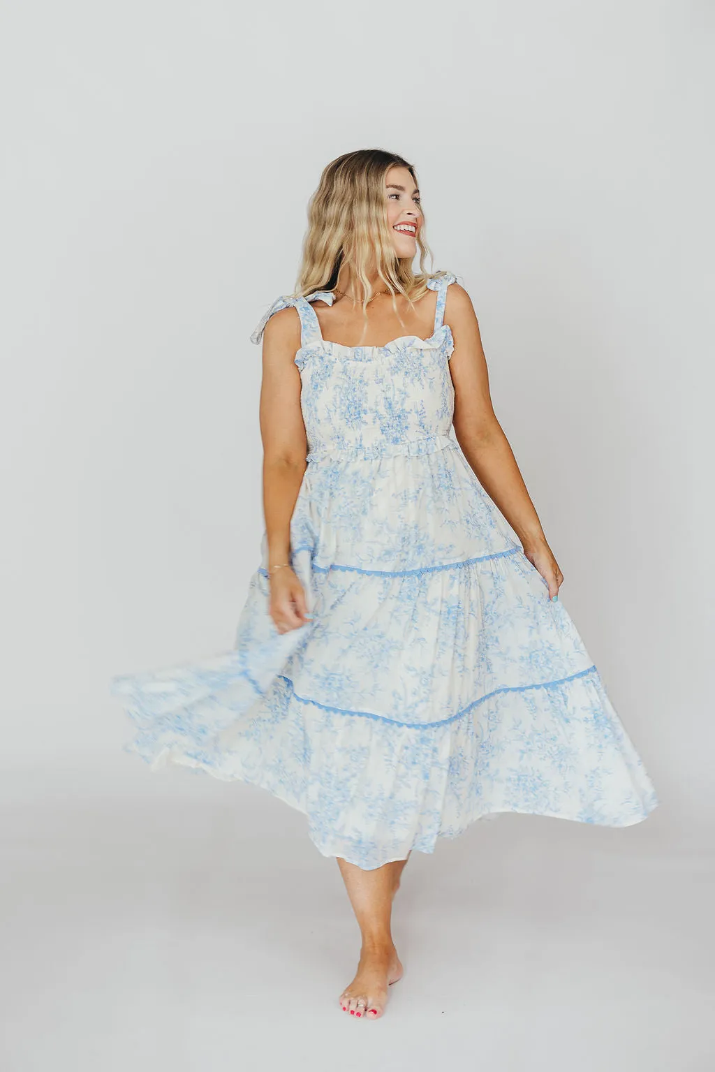 Honor Tiered Midi Dress in Off-White/Baby Blue Floral - Bump Friendly