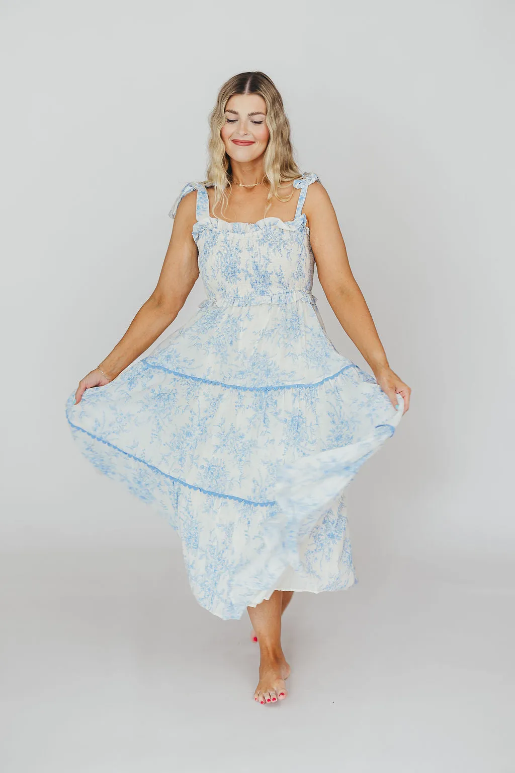 Honor Tiered Midi Dress in Off-White/Baby Blue Floral - Bump Friendly