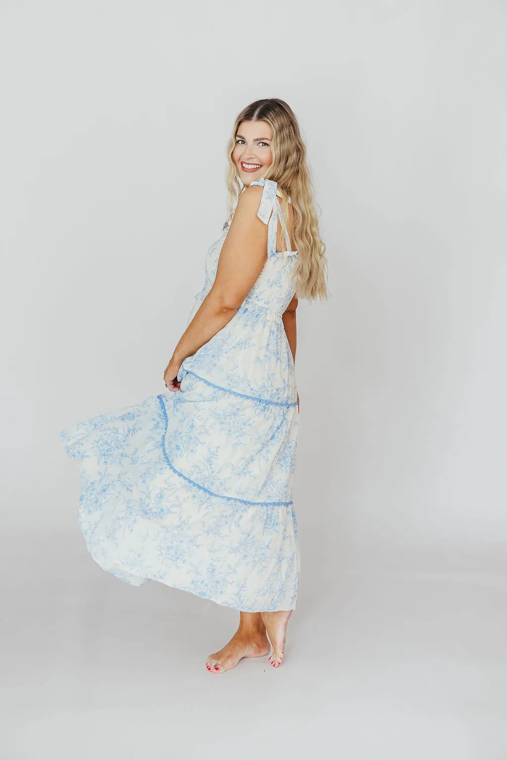 Honor Tiered Midi Dress in Off-White/Baby Blue Floral - Bump Friendly