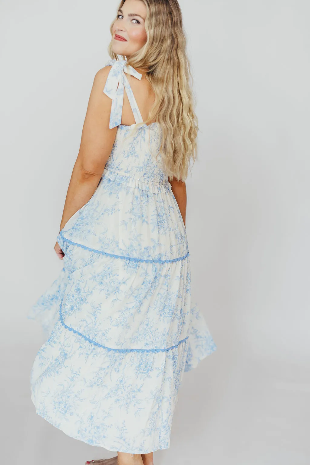 Honor Tiered Midi Dress in Off-White/Baby Blue Floral - Bump Friendly