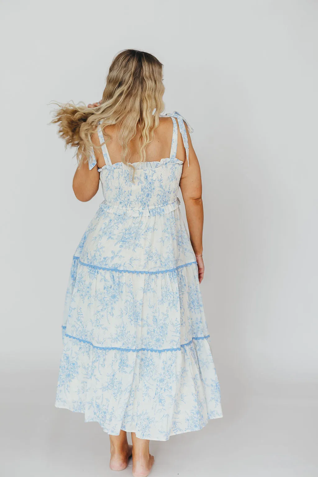 Honor Tiered Midi Dress in Off-White/Baby Blue Floral - Bump Friendly