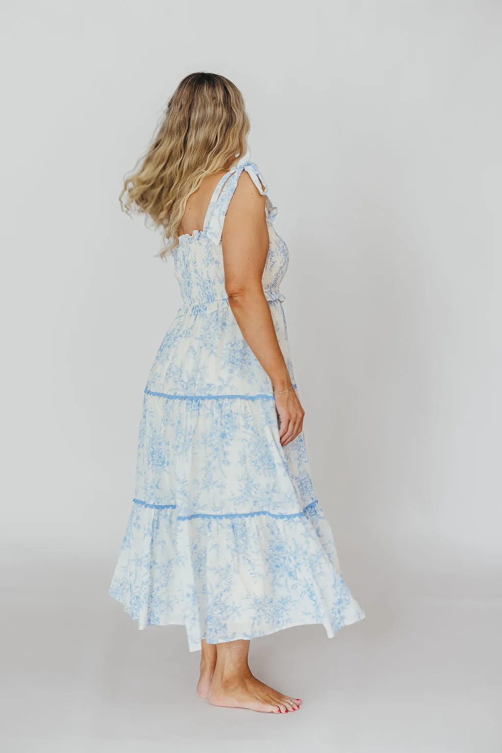 Honor Tiered Midi Dress in Off-White/Baby Blue Floral - Bump Friendly