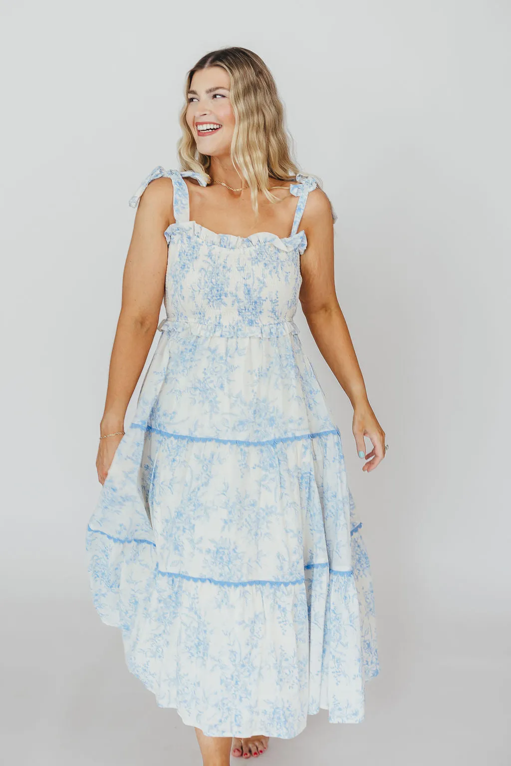 Honor Tiered Midi Dress in Off-White/Baby Blue Floral - Bump Friendly