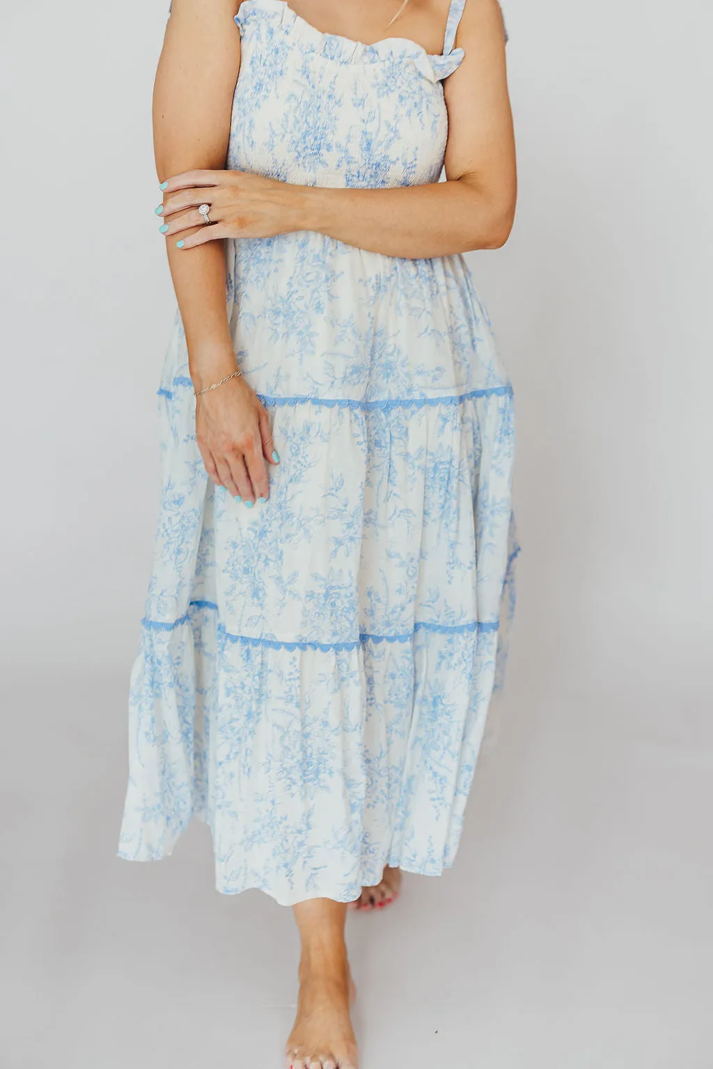 Honor Tiered Midi Dress in Off-White/Baby Blue Floral - Bump Friendly