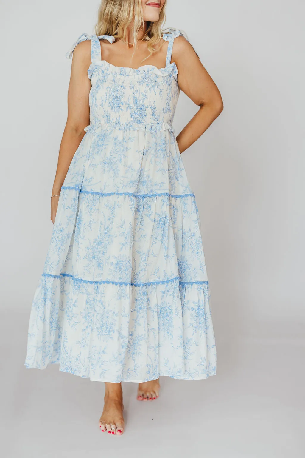 Honor Tiered Midi Dress in Off-White/Baby Blue Floral - Bump Friendly