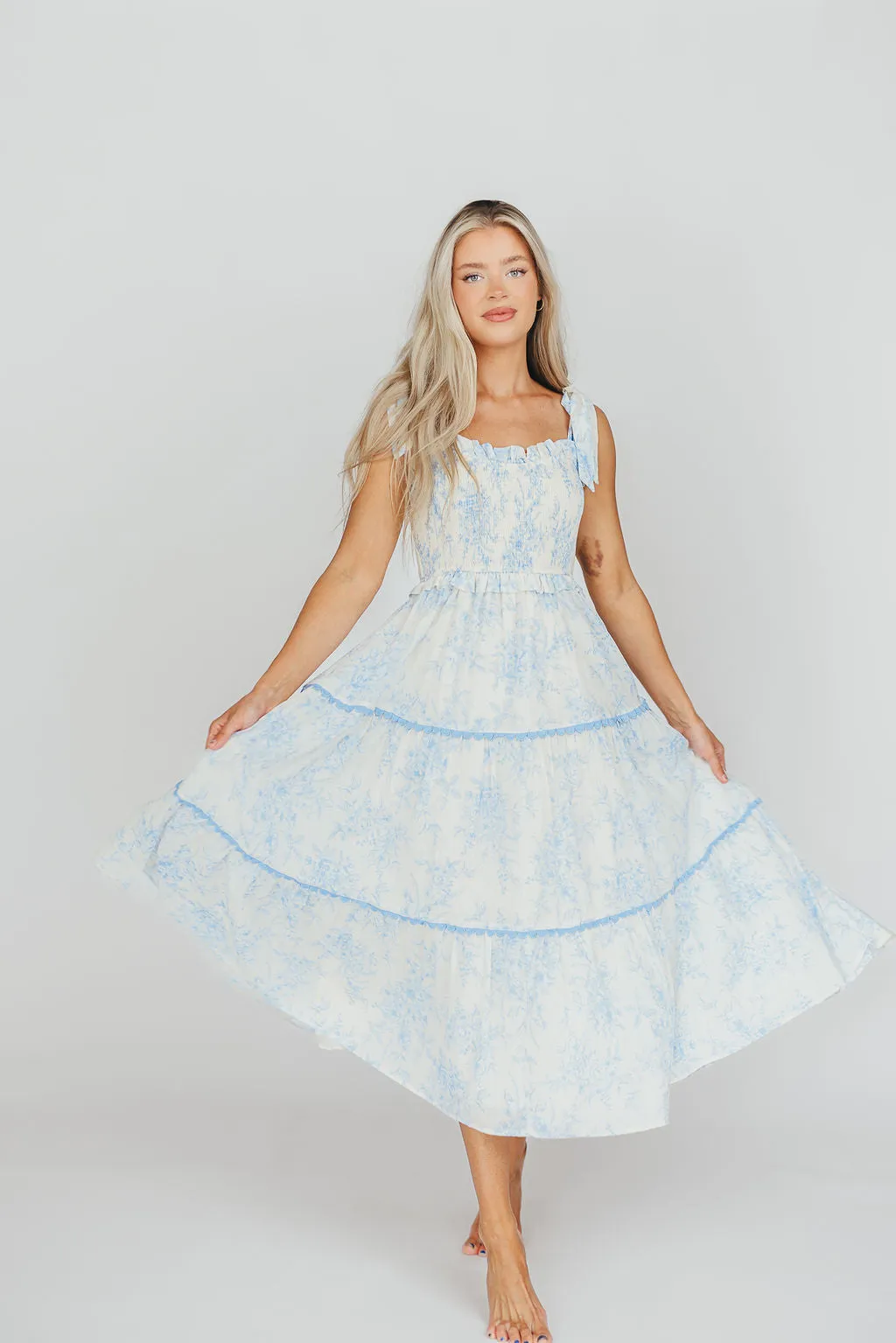 Honor Tiered Midi Dress in Off-White/Baby Blue Floral - Bump Friendly