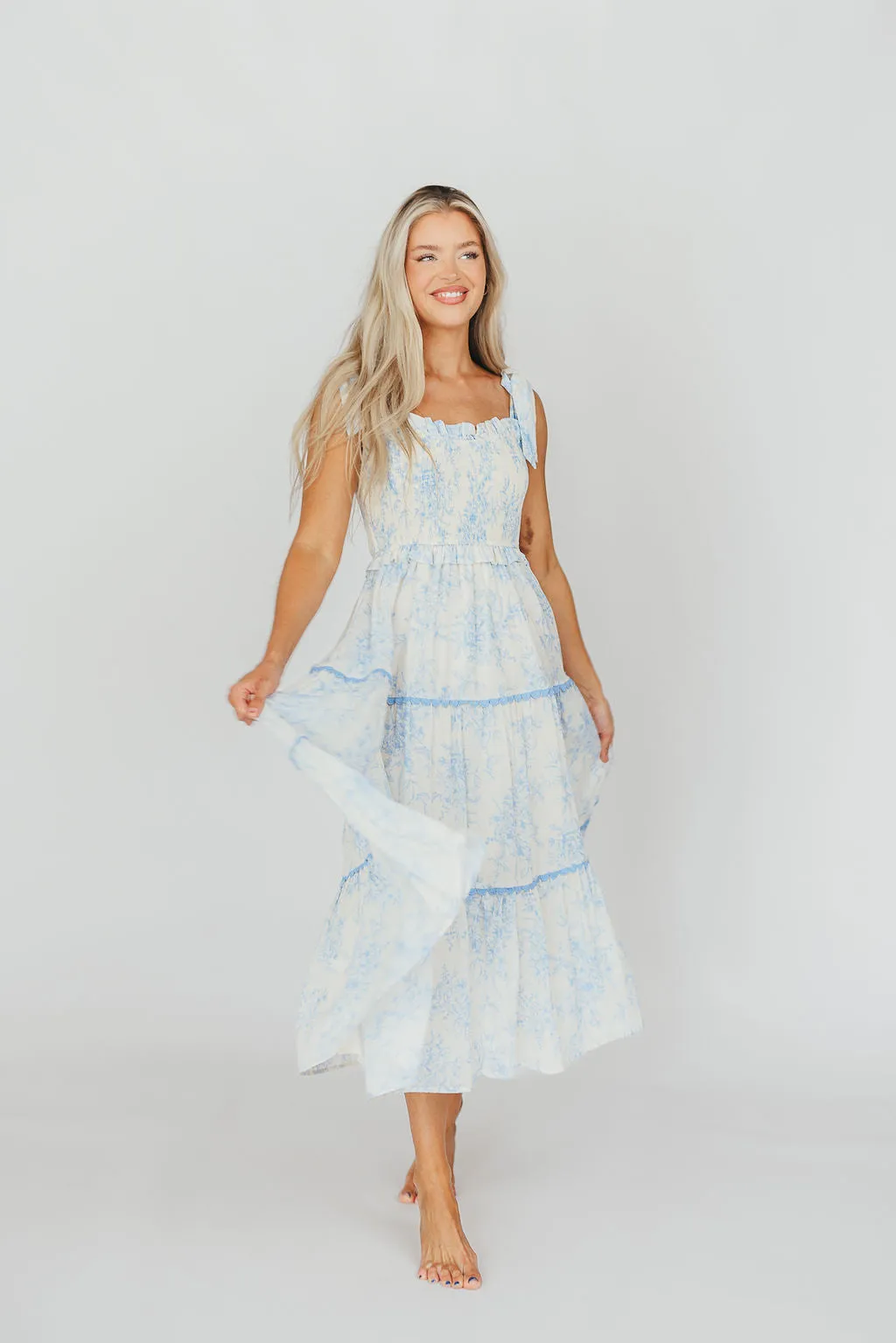 Honor Tiered Midi Dress in Off-White/Baby Blue Floral - Bump Friendly