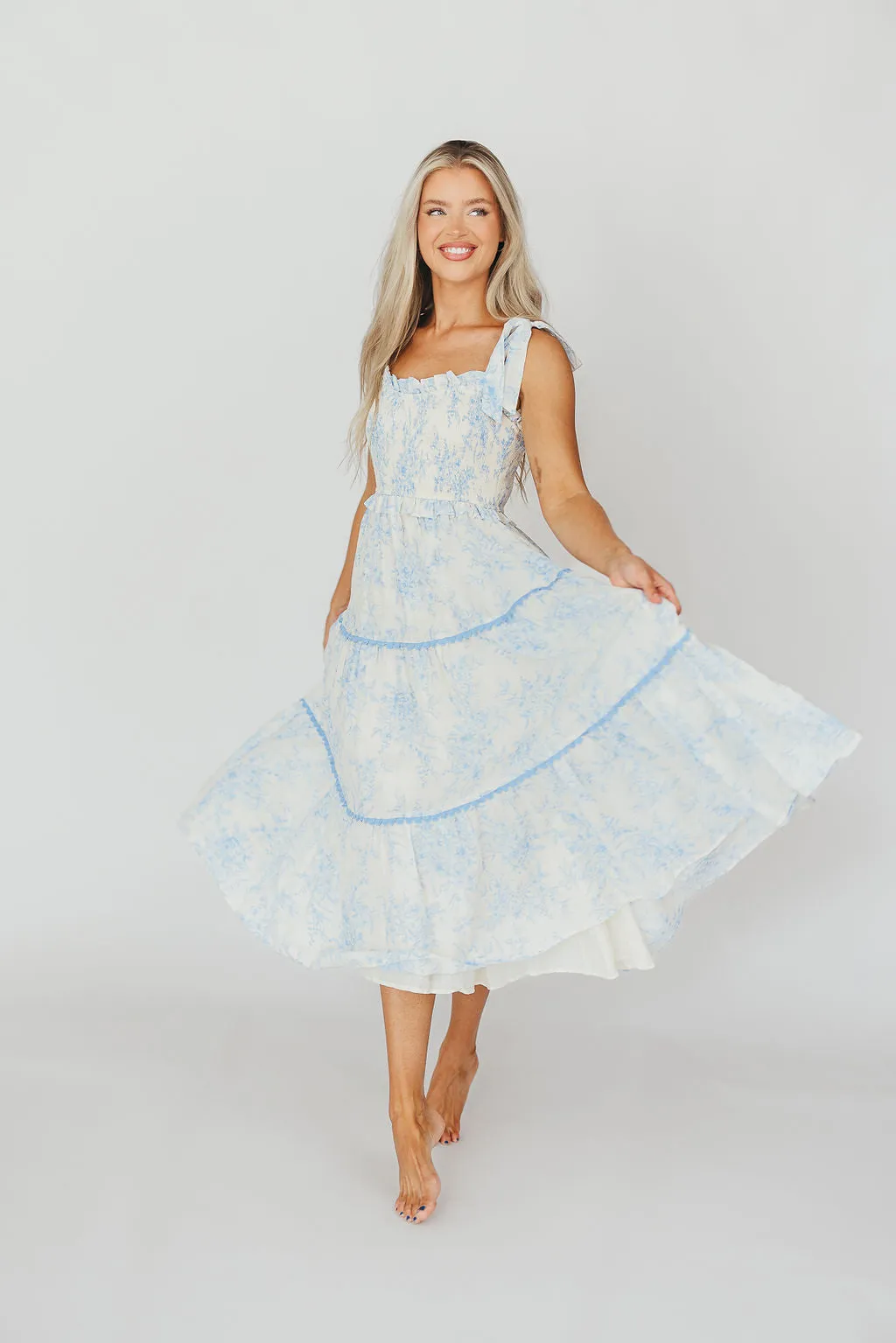 Honor Tiered Midi Dress in Off-White/Baby Blue Floral - Bump Friendly