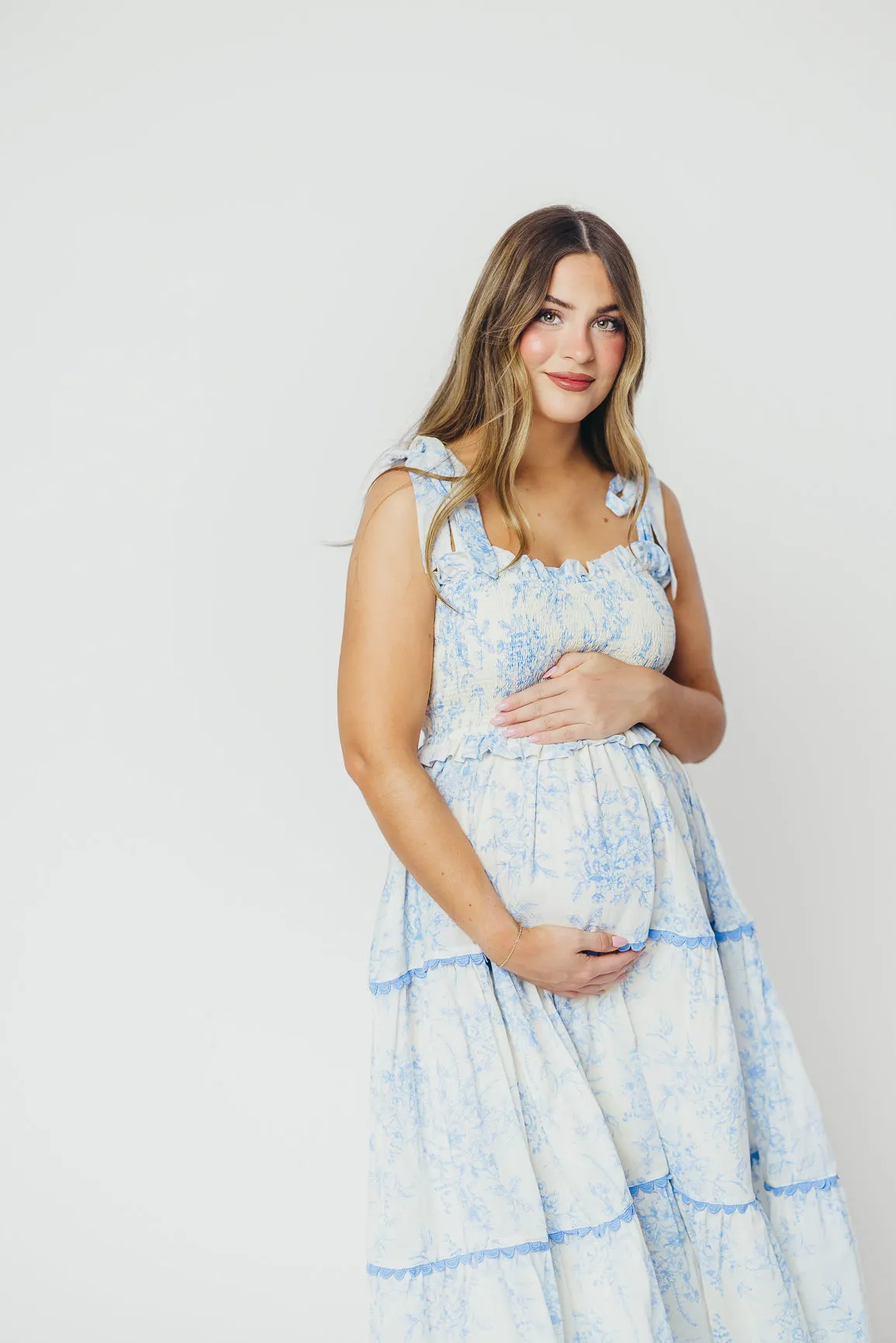 Honor Tiered Midi Dress in Off-White/Baby Blue Floral - Bump Friendly