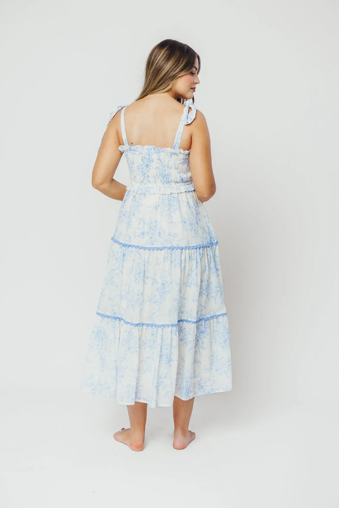 Honor Tiered Midi Dress in Off-White/Baby Blue Floral - Bump Friendly