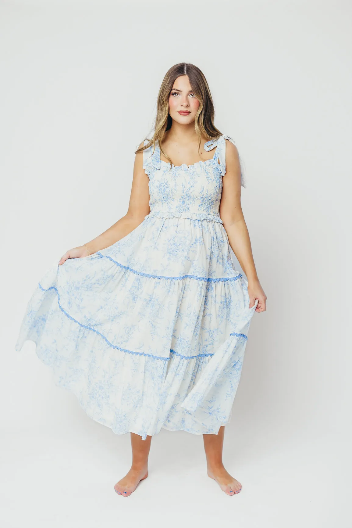 Honor Tiered Midi Dress in Off-White/Baby Blue Floral - Bump Friendly