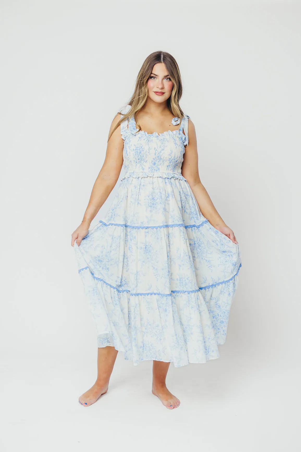 Honor Tiered Midi Dress in Off-White/Baby Blue Floral - Bump Friendly