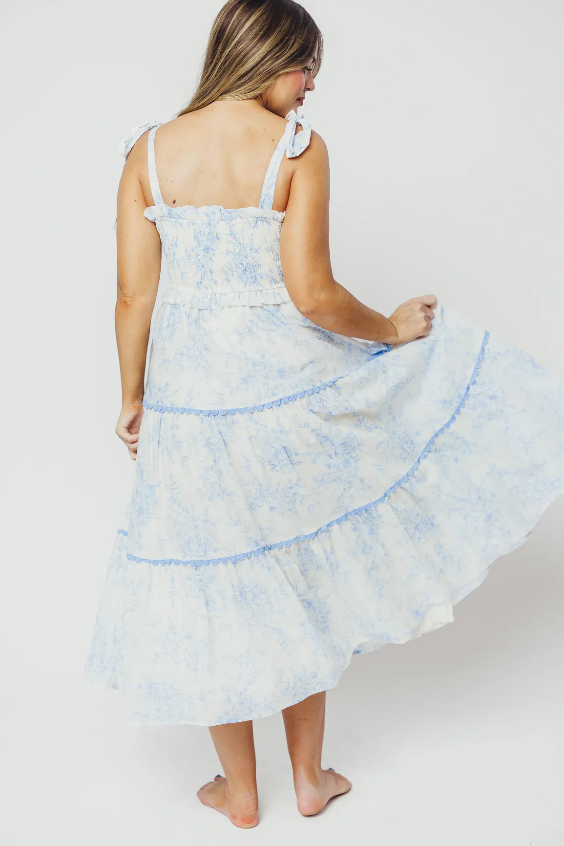 Honor Tiered Midi Dress in Off-White/Baby Blue Floral - Bump Friendly