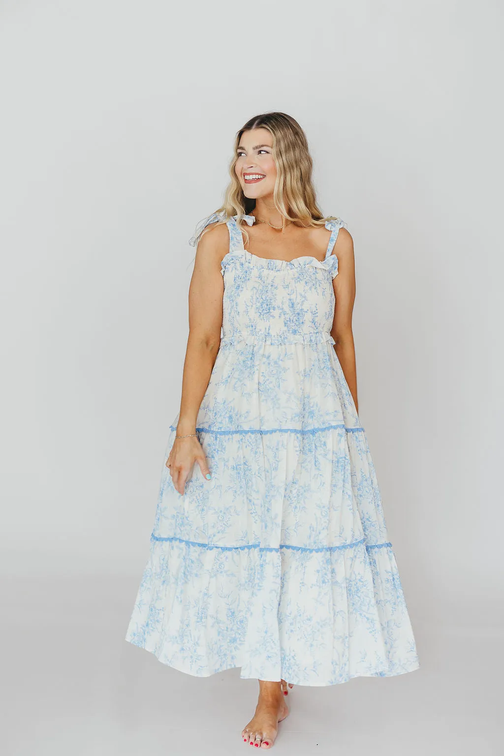 Honor Tiered Midi Dress in Off-White/Baby Blue Floral - Bump Friendly