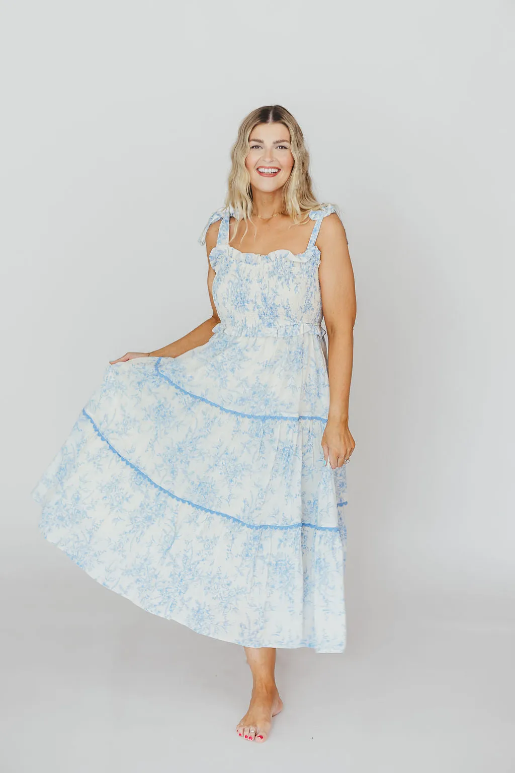 Honor Tiered Midi Dress in Off-White/Baby Blue Floral - Bump Friendly