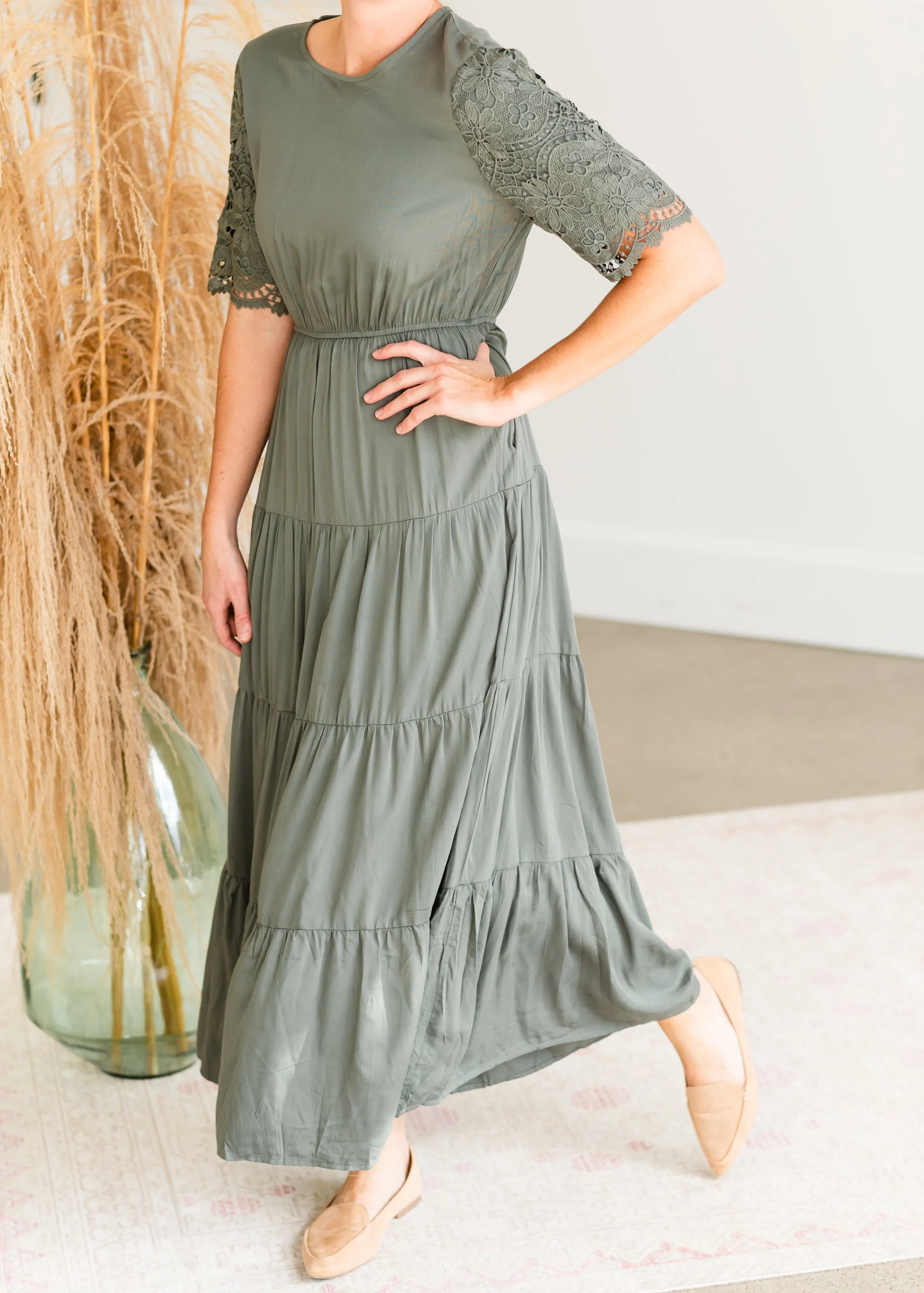 Jade Lace Sleeve Tiered Midi Dress - FINAL SALE