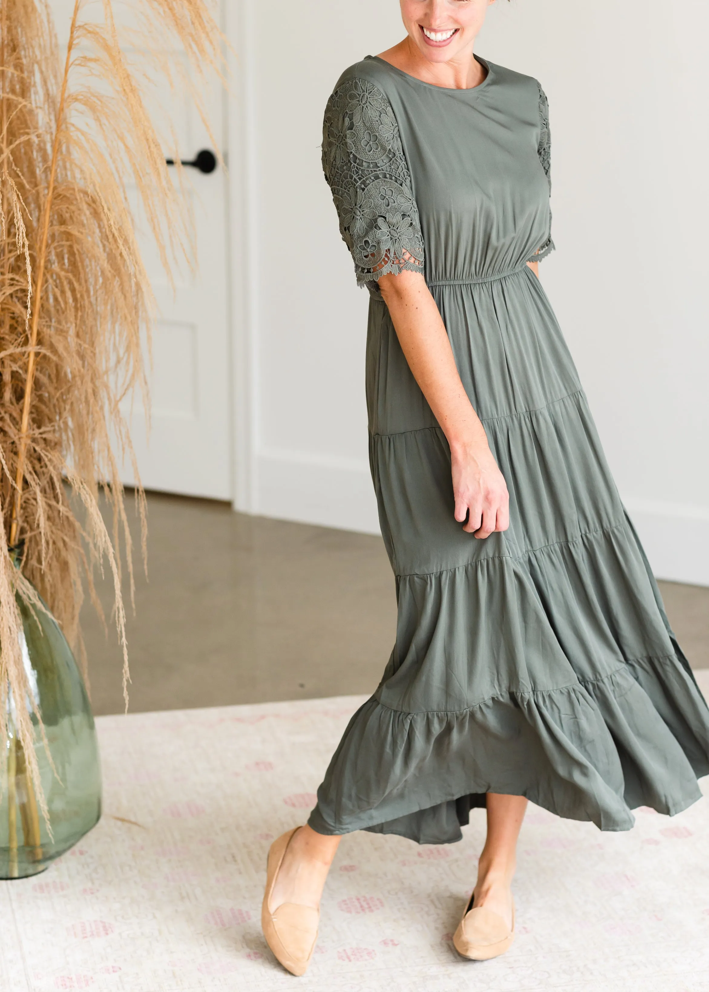 Jade Lace Sleeve Tiered Midi Dress - FINAL SALE