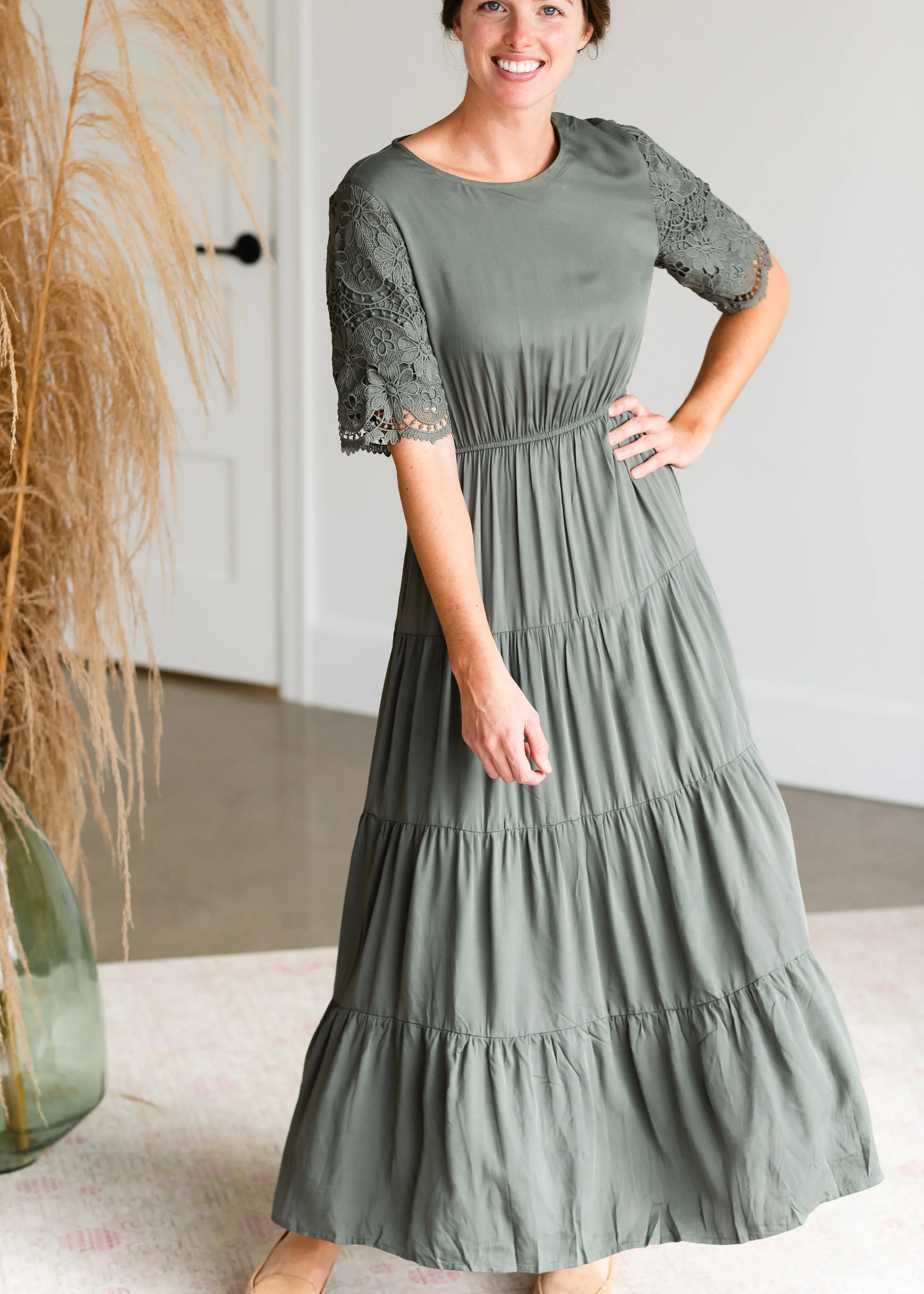 Jade Lace Sleeve Tiered Midi Dress - FINAL SALE