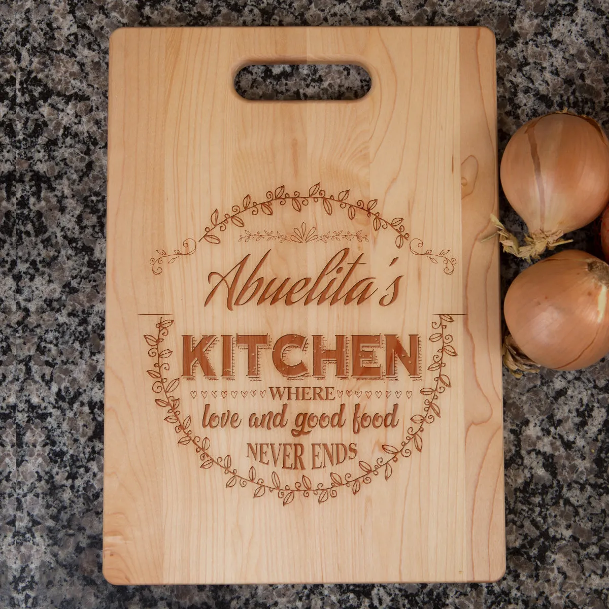 Kitchen Where Love and Good Food Never Ends Personalized Cutting Board