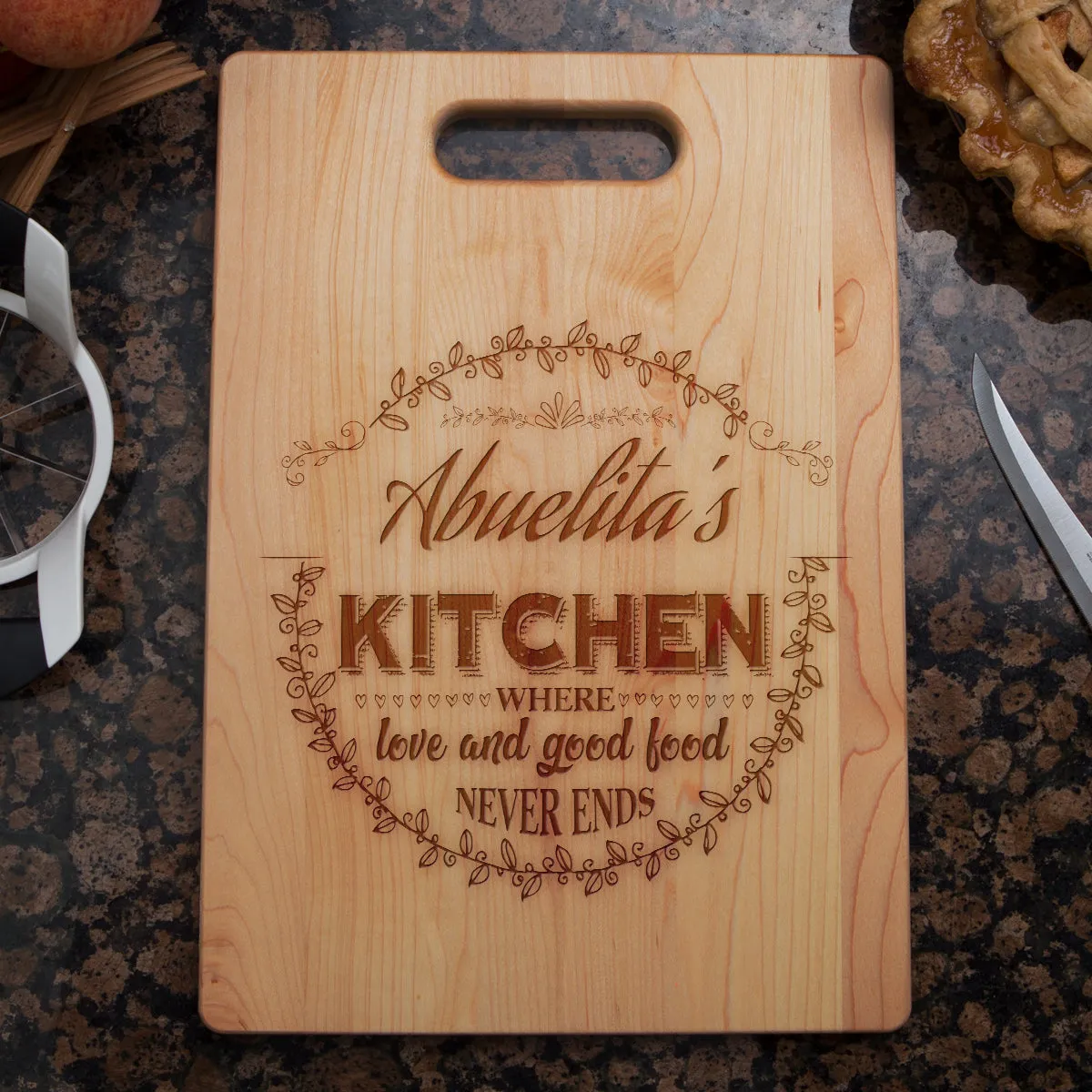 Kitchen Where Love and Good Food Never Ends Personalized Cutting Board