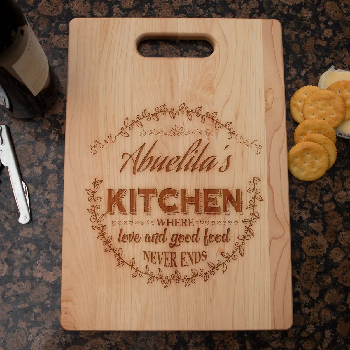 Kitchen Where Love and Good Food Never Ends Personalized Cutting Board