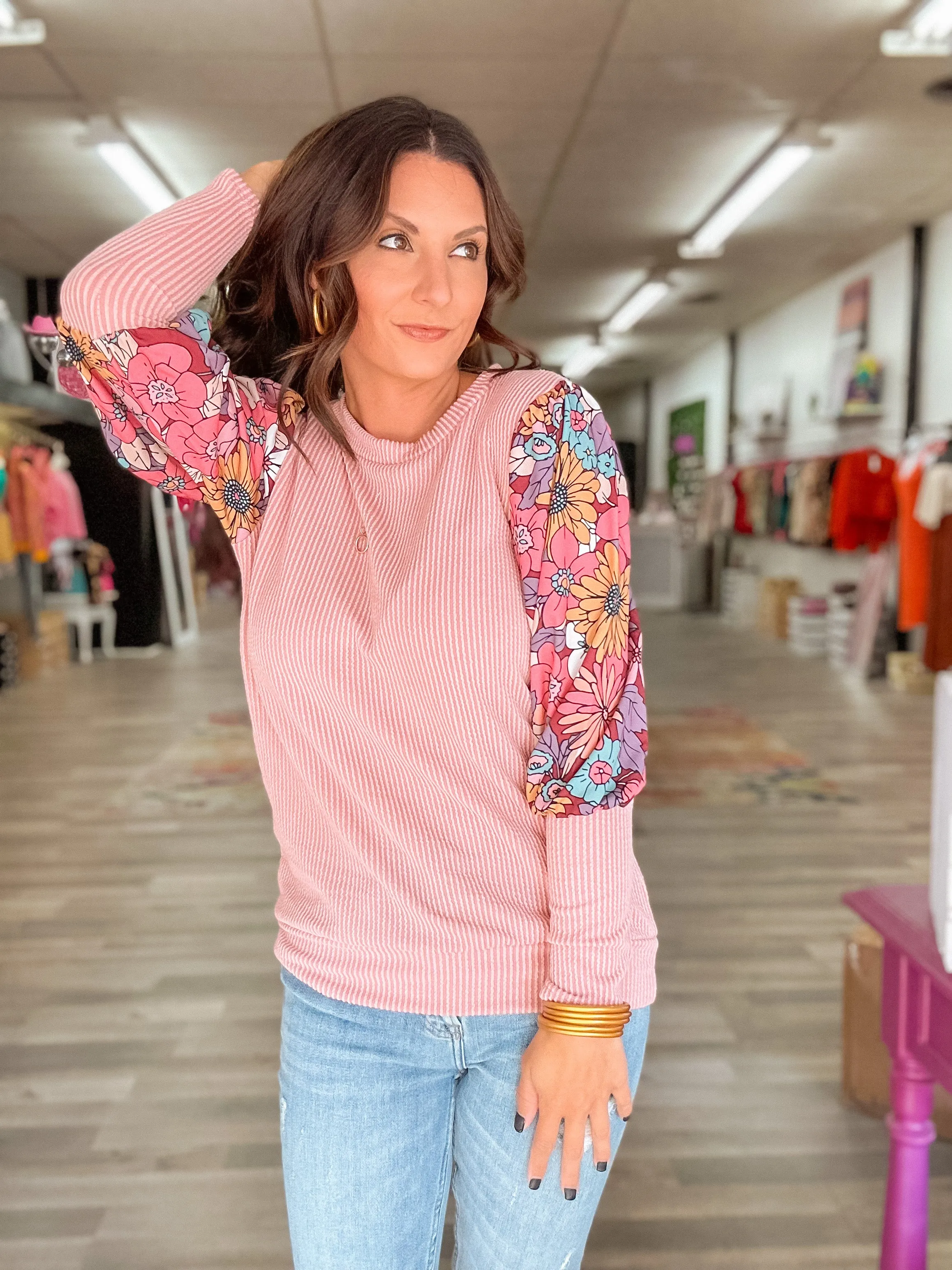 Long Sleeve Floral Ribbed Top